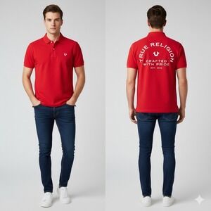 Mens True Religion Red Short Sleeve Polo Shirt "Crafted With Pride"‎ Logo XL